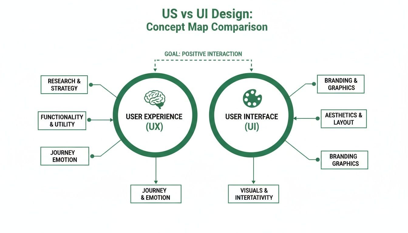 A concept map comparing User Experience (UX) and User Interface (UI) design, detailing their components and shared goal.