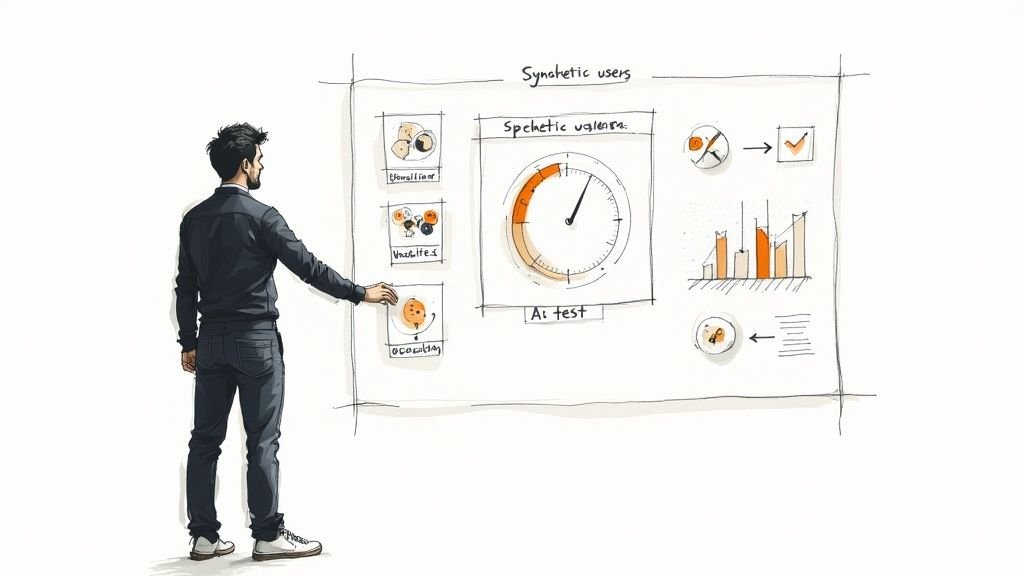 A person presents a sketch of a synthetic user dashboard with AI test results on a whiteboard.