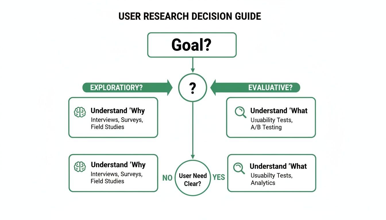 Flowchart illustrating a user research decision guide, choosing methods based on goals and user need clarity.