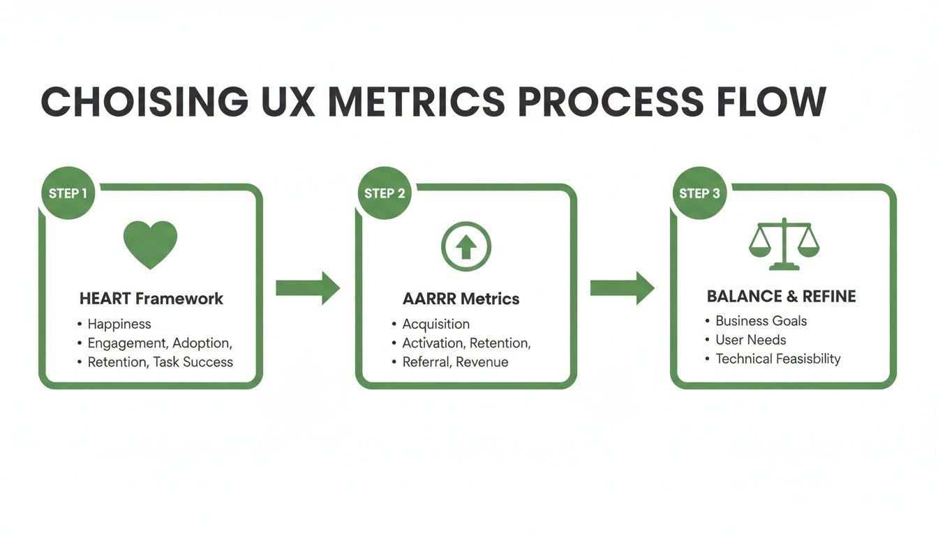 Flowchart detailing the three-step process for choosing UX metrics, including HEART, AARRR, and balancing factors.