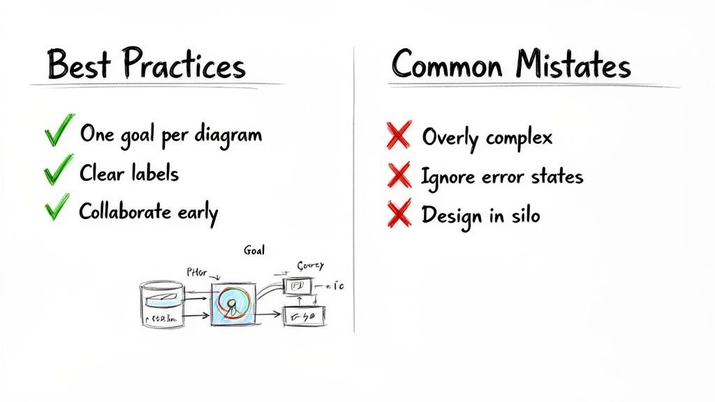 A diagram contrasting best practices and common mistakes for user flow diagrams, promoting clarity.