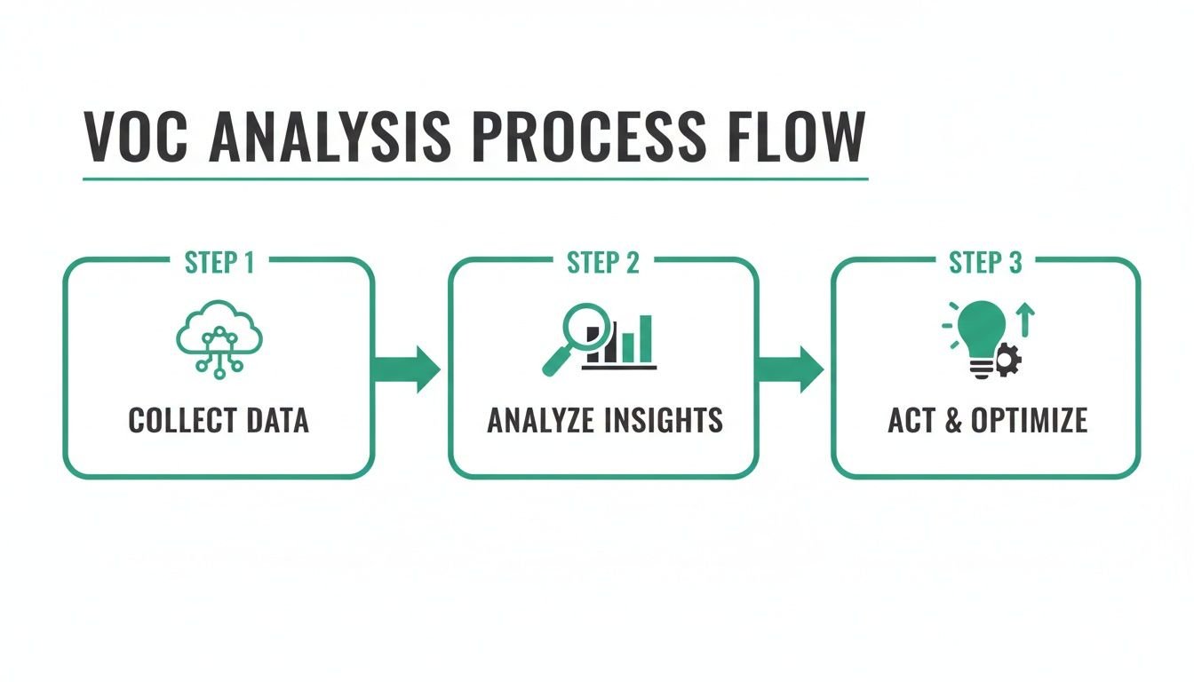 A three-step VOC analysis process flow diagram: collect data, analyze insights, act & optimize.