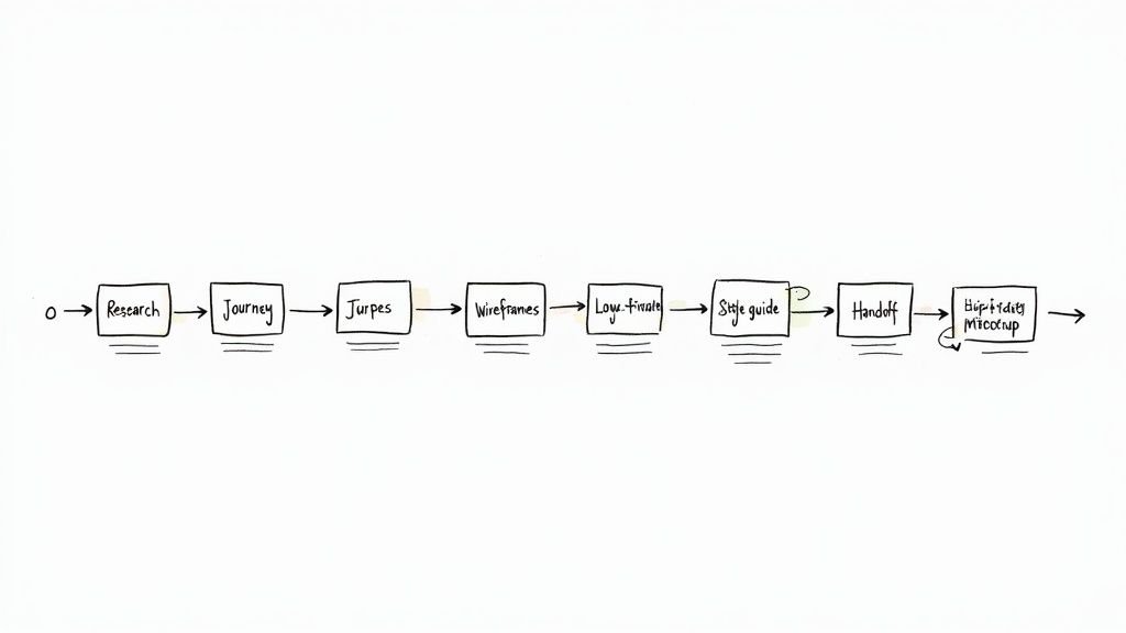 A hand-drawn flowchart illustrates the UX design process, from research, journey mapping, to high-fidelity mockups.