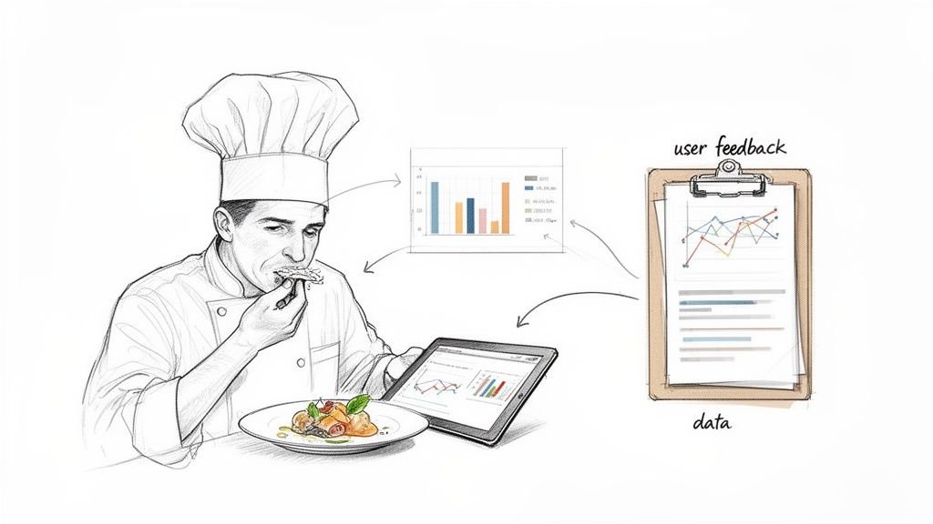 Chef tasting food, analyzing data on a tablet, and reviewing user feedback on a clipboard.