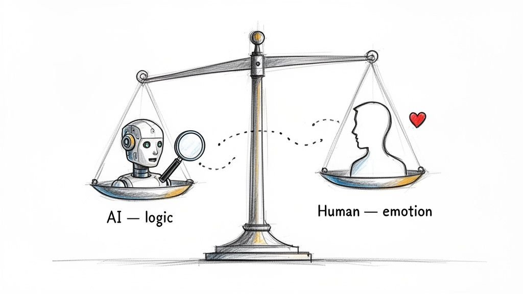 A balance scale shows a robot representing AI and logic on one side, and a human with a heart for emotion on the other.