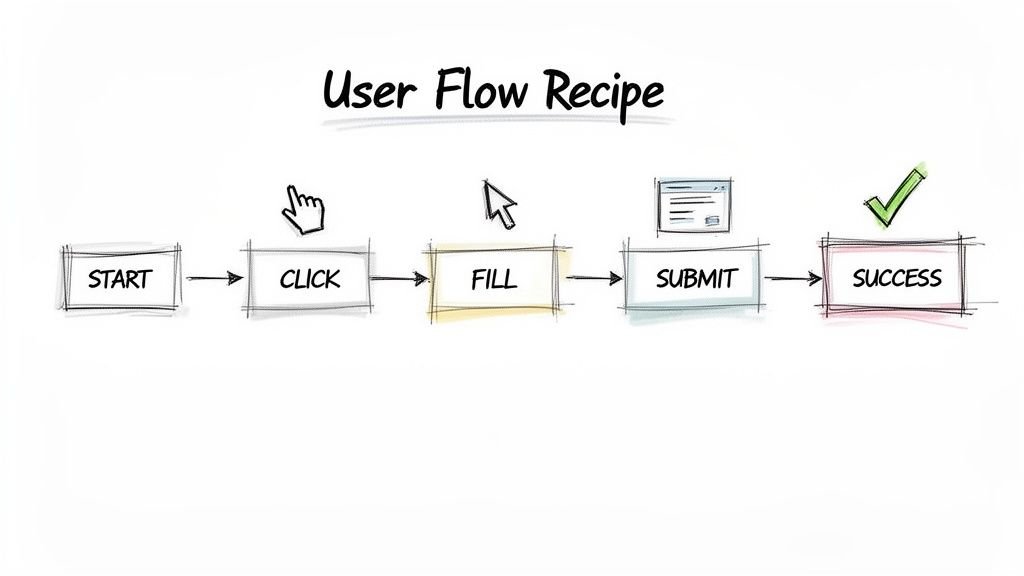 A hand-drawn flowchart illustrating a user flow recipe with steps: Start, Click, Fill, Submit, Success.