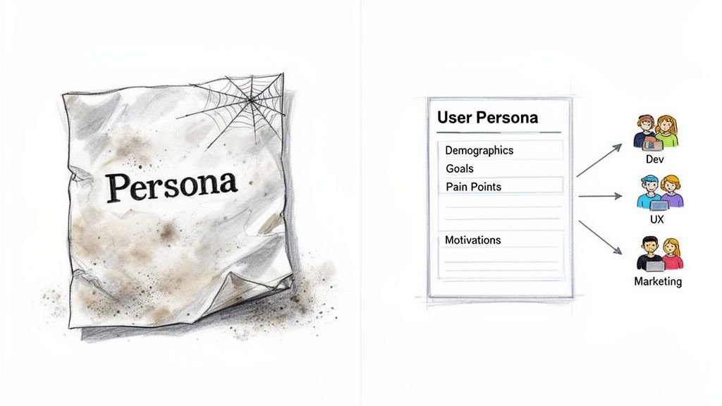 Image contrasting an old, neglected 'Persona' document with a structured 'User Persona' template used by Dev, UX, and Marketing teams.