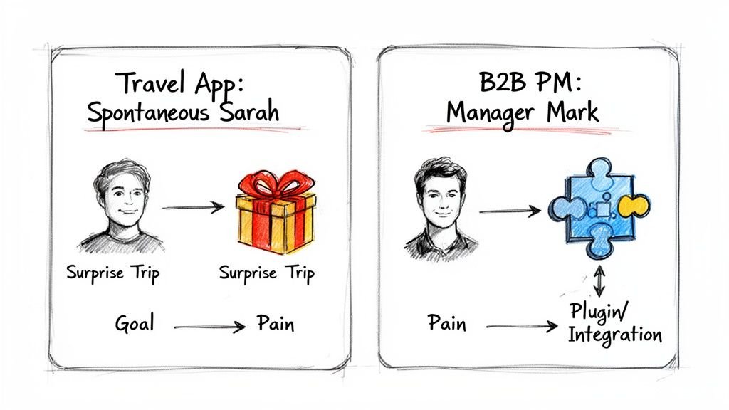 Two user persona examples: Spontaneous Sarah's travel app goal turning into pain, and Manager Mark's B2B pain solved by integration.