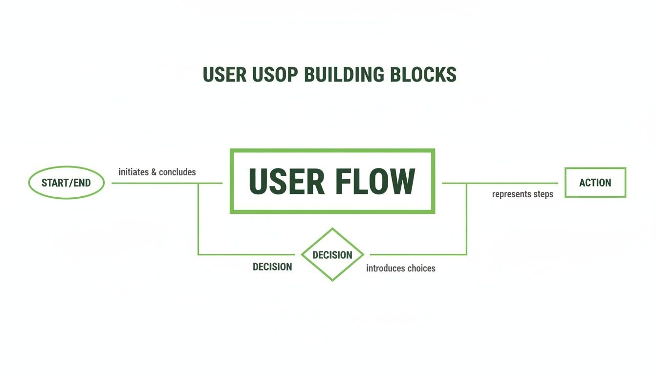 A user flow diagram illustrating building blocks: Start/End, User Flow, Action steps, and Decision points.
