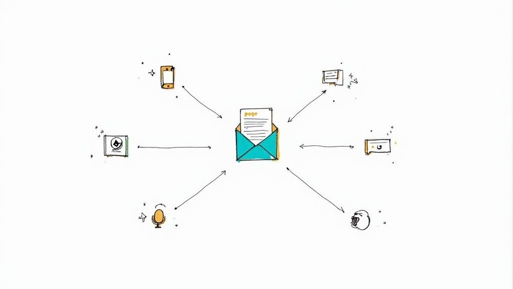 A diagram with an email in the center, connected by arrows to a phone, computer, video, browser, microphone, and eye icons.